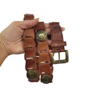 Vintage Amiee Lynn Leather Belt M Brown Brass Square Buckle Medallion Country